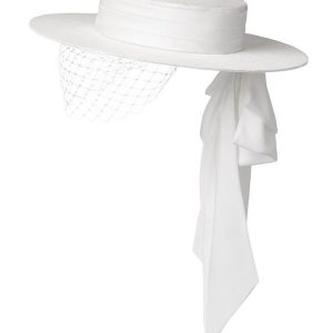 Chapeau Canotier de Mariage Blanc à Large Bord et Voilette